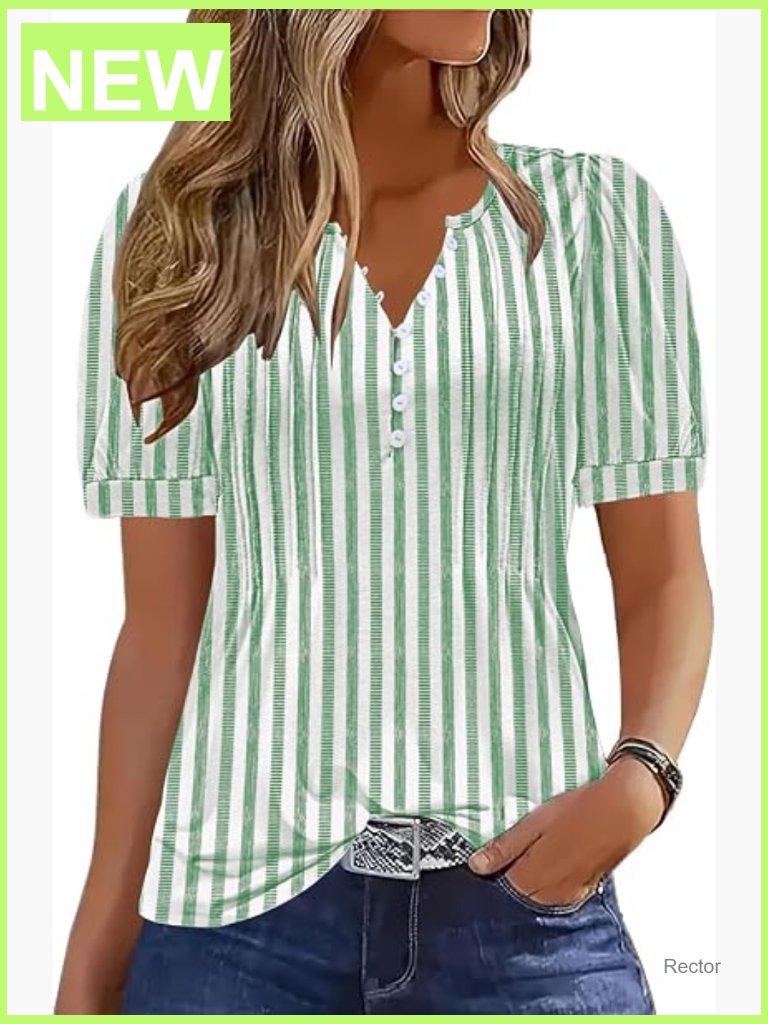 Women's V-Neck Button Down Pleated Tunic Blouse Short Sleeve Summer Top